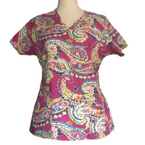 VERA BRADLEY Sz M Womens Pink Multi-Color Paisley Cotton Blend Scrub Top Medical
